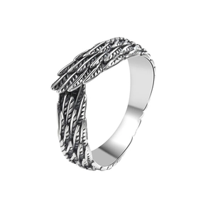 Retro Thai silver angel wing open ring with detailed feather texture in antique finish