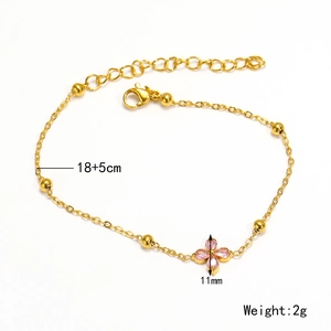 Pink lucky clover gold bracelet with delicate beads and lobster clasp for women