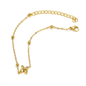 Gold plated titanium steel clover bracelet with yellow gemstones and round beads decoration