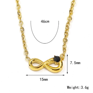 18k gold infinity symbol necklace with black zircon stone and dimensions display