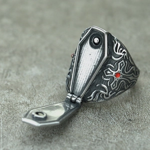 Gothic silver coffin ring with opening lid, red rhinestones and embossed patterns