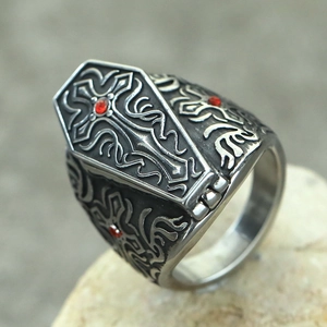 Gothic punk coffin ring for men made of vintage steel with cross and red gem inlay