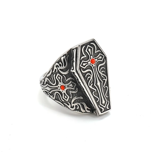 Gothic punk coffin ring for men made of vintage stainless steel with red stones