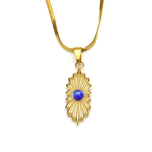 Vintage 18K vergulde roestvrijstalen ketting met zonnestraal hanger en blauwe edelsteen