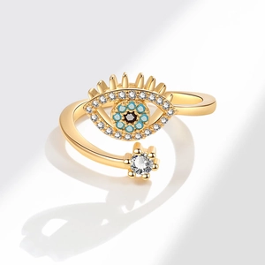 Anillo ajustable Evil Eye en oro con circonita azul y cristales brillantes