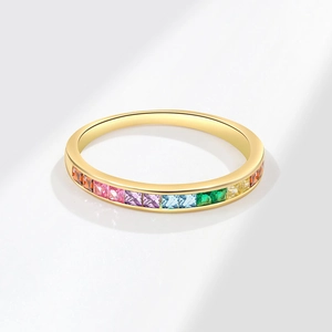 Elegant gold rainbow eternity ring with square cut colorful zircons in a gradient display