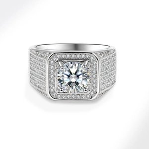 Bague luxueuse en argent S925 pour homme avec halo de zircon et pierres latérales pavées