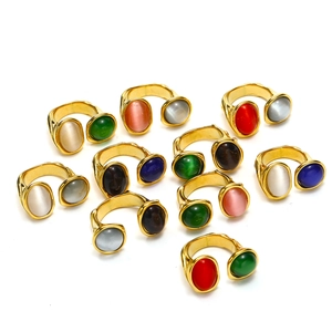 Edelstahl Doppelstein Offener Ring Für Damen Vintage Künstlicher Katzenaugenstein Verstellbarer Zeigefingerring Modeschmuck