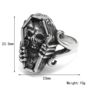 Gothic punk coffin skull ring in retro stainless steel for men with ornate side patterns