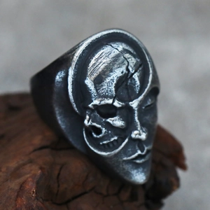 Vintage punk gothic ring for men featuring yin yang skull face in titanium steel