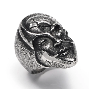 Gothic punk yin yang skull ring for men in retro oxidized stainless steel finish