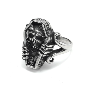 Gothic punk coffin ring in vintage silver steel with skull and skeleton hand detail