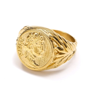 Vintage Roman Caesar portrait coin ring in gold titanium steel with embossed texture