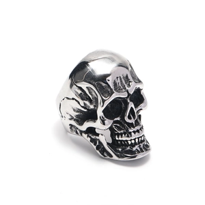 Polished stainless steel skull ring featuring 3D relief punk gothic design on white background