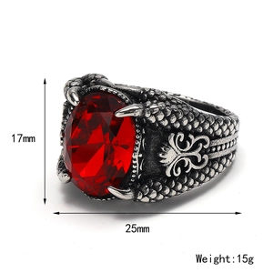 Retro dragon claw stainless steel ring with red synthetic gemstone and scale textures