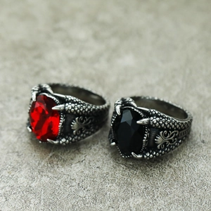 Gothic dragon claw rings with red and black oval gemstones in retro punk stainless steel style