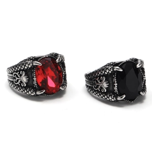 Vintage Dragon Claw Men Ring Titanium Steel Punk Gothic Style Large Oval Red Black Gemstone Inlaid Retro Finger Ring