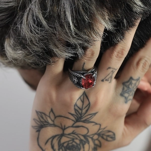 Vintage dragon claw ring with large oval red gemstone in punk gothic stainless steel style