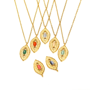 Vintage Stainless Steel Marquise Pendant Necklace For Women Gold Plated Sunburst Texture Cat Eye Stone Bohemian Jewelry