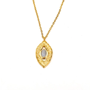 Close-up of gold-plated stainless steel marquise pendant with natural grey stone inlay