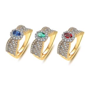 925 Sterling Silver Italian Textured Gold Plated Lace Open Ring Oval Zirconia Emerald Ruby Sapphire Jewelry For Women