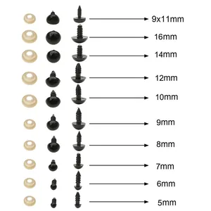 Size chart for acrylic toy eyes and noses from 5mm to 16mm with washers for DIY crafts