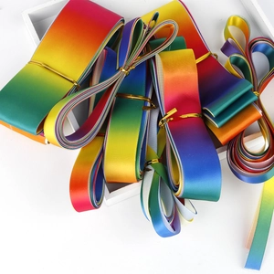Rainbow gradient polyester ribbon for gift wrapping and DIY crafts on white tray
