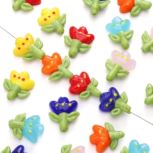 Colorful tulip glass flower beads with green leaves for DIY jewelry making sets