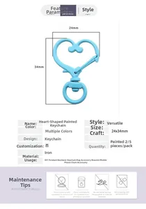 Detail view of light blue heart-shaped swivel clasp with specific 24x34mm dimensions