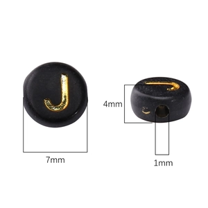 Detail of 7x4mm black acrylic bead with gold letter J and 1mm hole for jewelry making