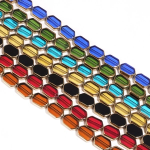 Detailed view of colorful 6x9mm rectangular glass beads with gold plated metal edges