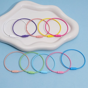 Macaron colored steel wire keychains with spiral screw locks on light blue background
