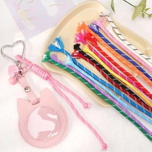 Pink cat leather card holder with heart hook and colorful braided nylon lanyards