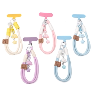 Colorful woven phone lanyards with star and cloud charms on a white background