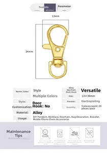 Detailed size chart for 13x34mm gold alloy lobster clasps with dimension labels