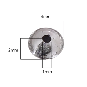 Technical drawing showing 4mm diameter and 2mm thickness of flat round glass beads