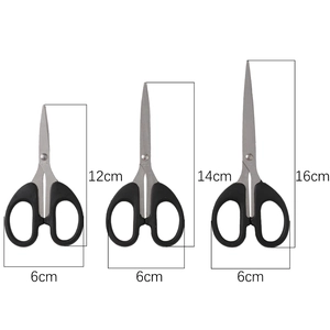 Three sizes of black handle stainless steel office scissors in 12cm 14cm and 16cm lengths