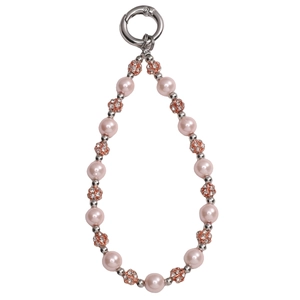 Detail of pink pearl and rose gold crystal bead strap with silver metal lobster clasp