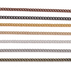 DIY jewelry making curb chain extenders in seven metallic finishes on white background