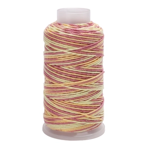 Pink yellow orange hand-woven cotton cord with gold thread and sequins on clear spool