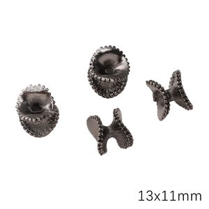 DIY jewelry beads in gunmetal black finish with flared shape and textured edges 13x11mm