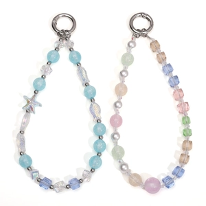 Handmade beaded phone charms with sea blue starfish and colorful crystal glass cube beads