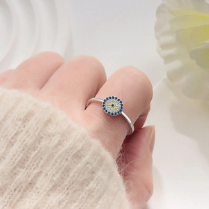 S925 Sterling Silver Evil Eye Ring featuring blue and white pavé cubic zirconia