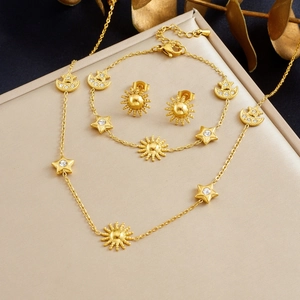 Stainless Steel Gold Plated Celestial Sun Moon Star Jewelry Set Rhinestone Necklace Bracelet Earrings For Women Fashion