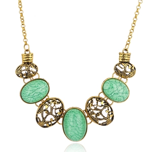 Vintage Bohemian Alloy Hollow Out Statement Necklace For Women Ethnic Style Faux Resin Marble Stones Party Clavicle Jewelry