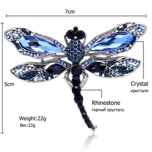 Exquise broche libellule vintage 7x5cm avec cristaux bleus et strass brillants