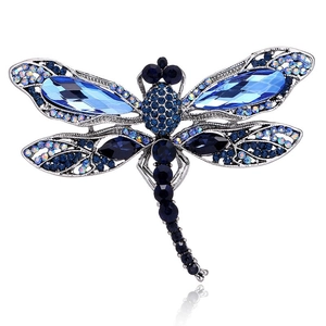 Broche libellule élégante avec cristaux bleus et strass sur base en alliage argenté