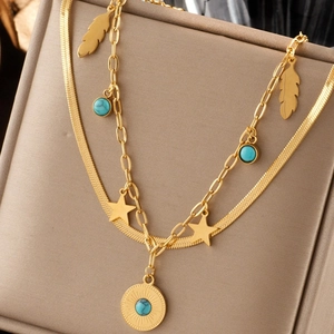 Collier Double Couche en Acier Titane Oeil Maléfique Turquoise pour Femmes Pendentif Rétro Plaqué Or Étoile Plume Bijoux Boho