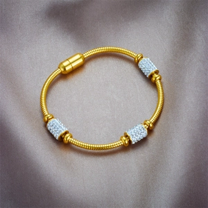 18k gold snake bone magnetic bracelet with three sparkling rhinestone cylinder charms
