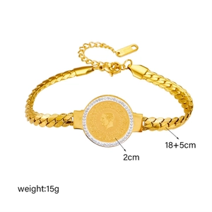 Vintage gold-plated titanium steel chain bracelet with engraved portrait medal and zircons